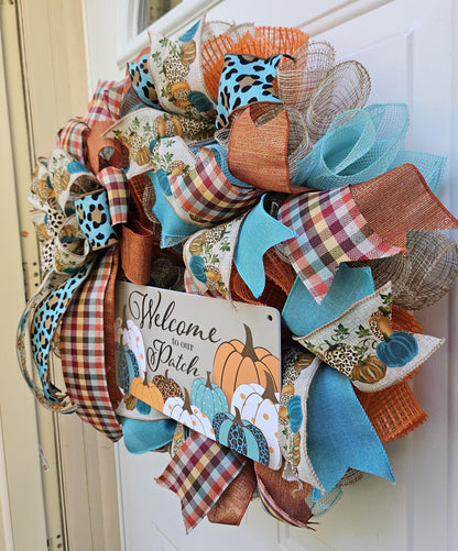 Welcome To Our Patch, Fall Wreath, Autumn Wreath, Cheetah Print