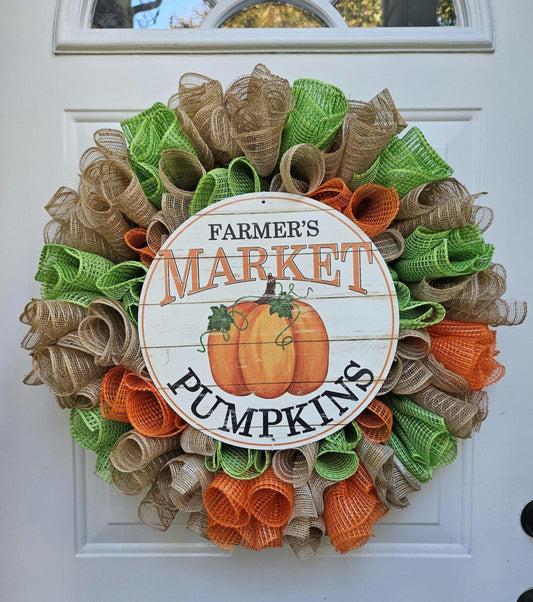XL Farmers Market Pumpkins Wreath, Farmhouse Wreath, Pumpkin Wreath