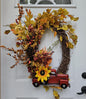 Large Oval Fall Faux Floral Wreath with Red Truck, Autumn Door Decor