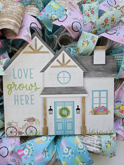 Love Grows Here, Welcome Wreath, Summer Wreath, Spring Wreath, Wreath for Front Door, Gift for Her
