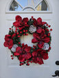 Red Magnolia and Berries on an Evergreen Base, Simple Holiday Winter Wreath