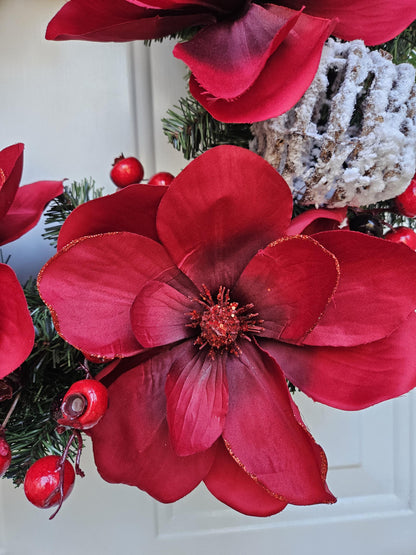 Red Magnolia and Berries on an Evergreen Base, Simple Holiday Winter Wreath