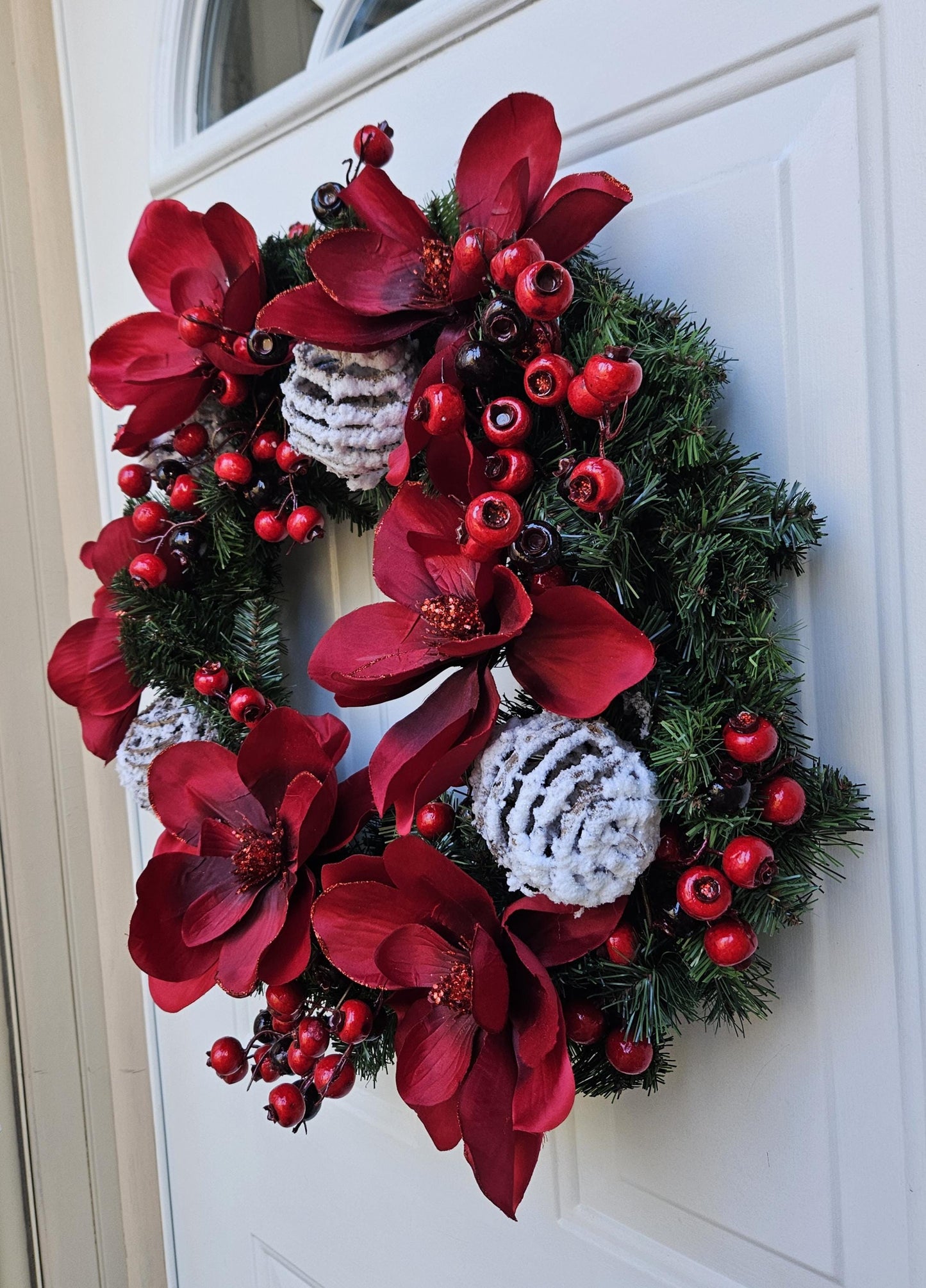 Red Magnolia and Berries on an Evergreen Base, Simple Holiday Winter Wreath