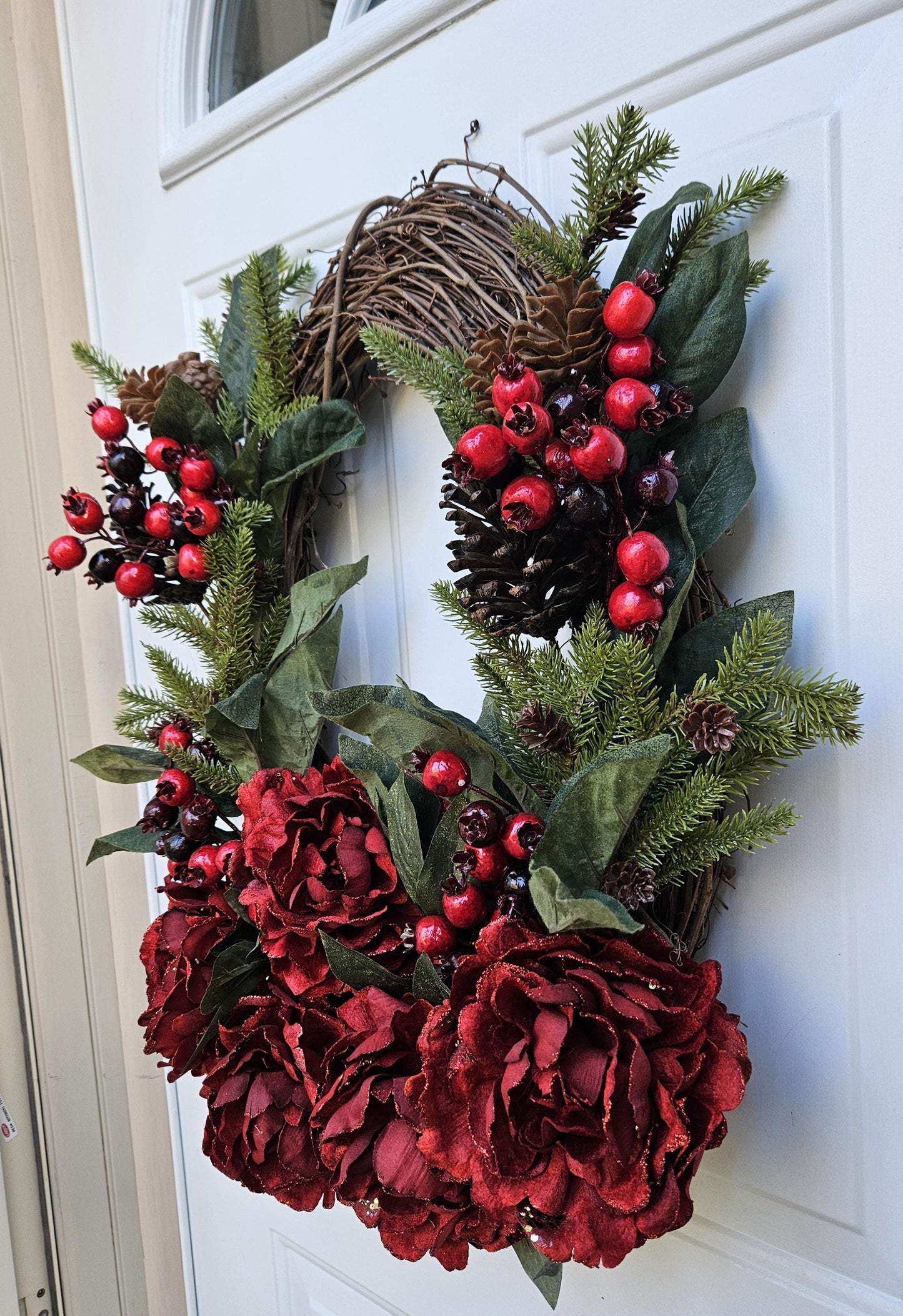 Red Peony and Berry Winter Holiday Wreath