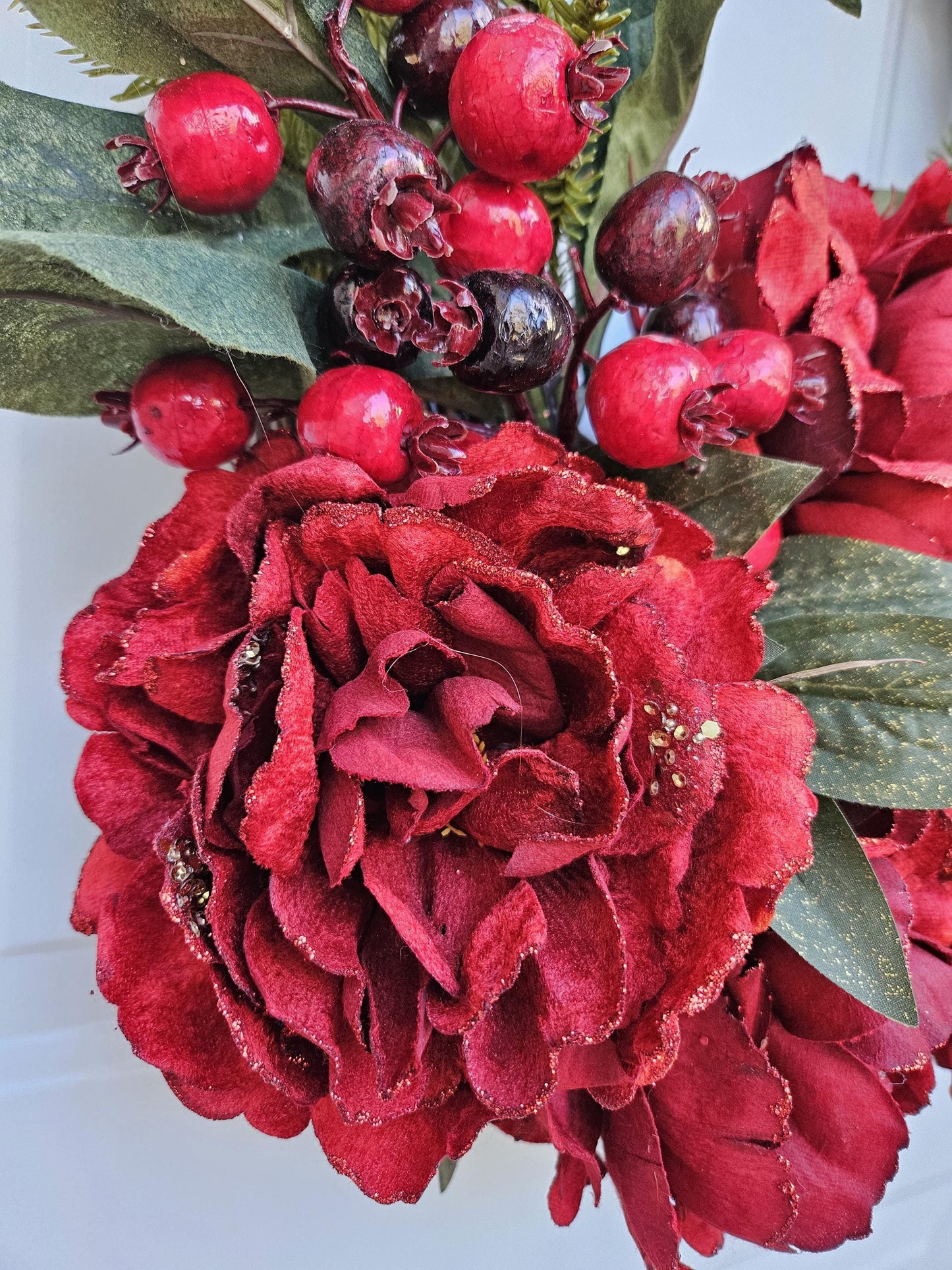 Red Peony and Berry Winter Holiday Wreath