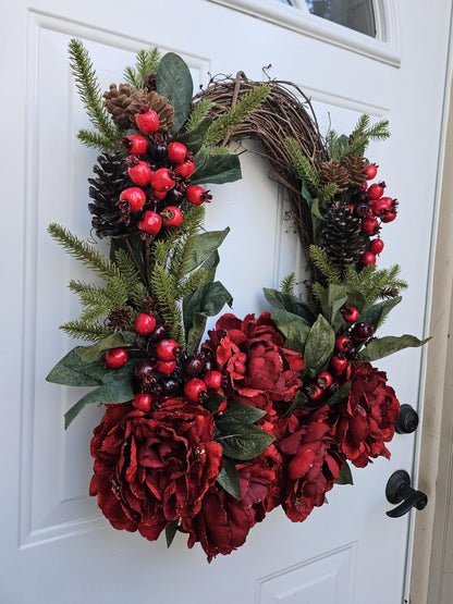 Red Peony and Berry Winter Holiday Wreath