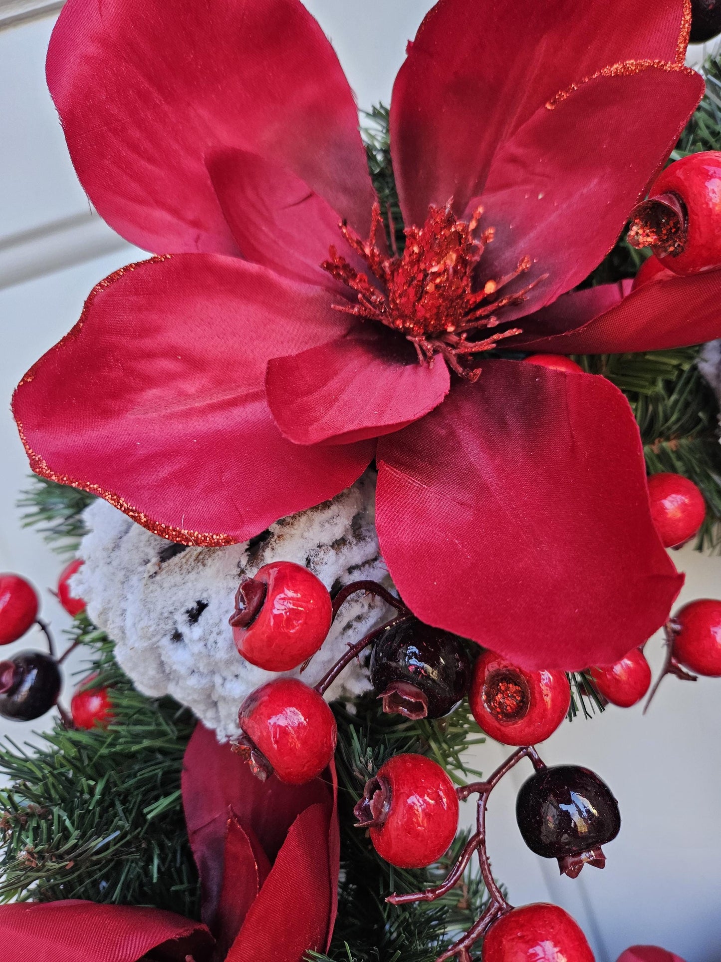 Red Magnolia and Berries on an Evergreen Base, Simple Holiday Winter Wreath