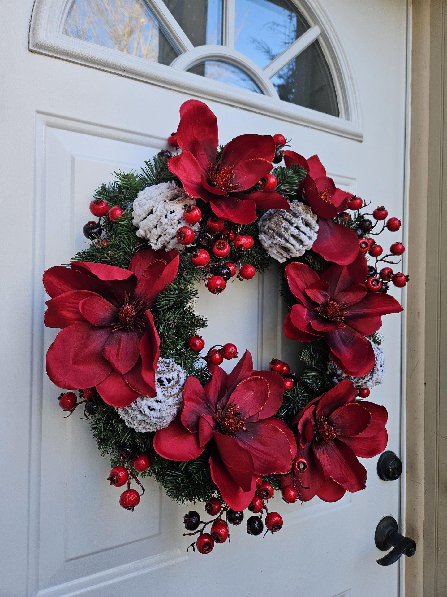 Red Magnolia and Berries on an Evergreen Base, Simple Holiday Winter Wreath