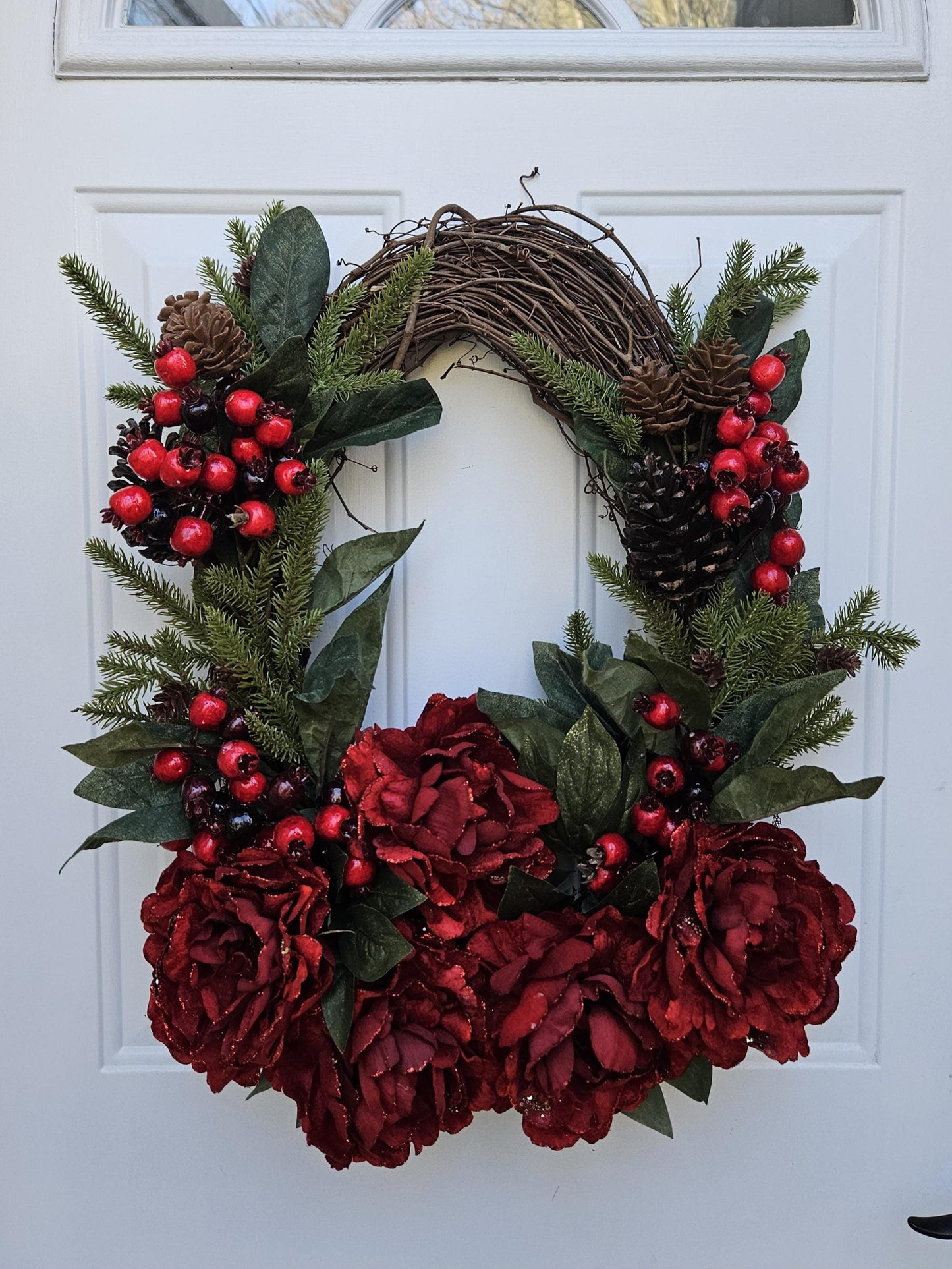 Red Peony and Berry Winter Holiday Wreath