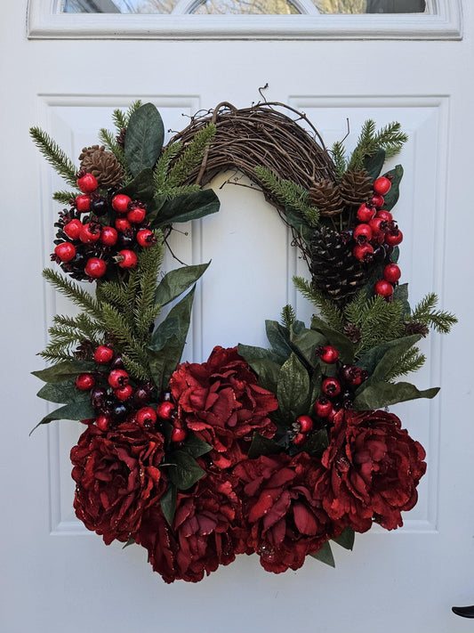 Red Peony and Berry Winter Holiday Wreath