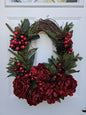 Red Peony and Berry Winter Holiday Wreath
