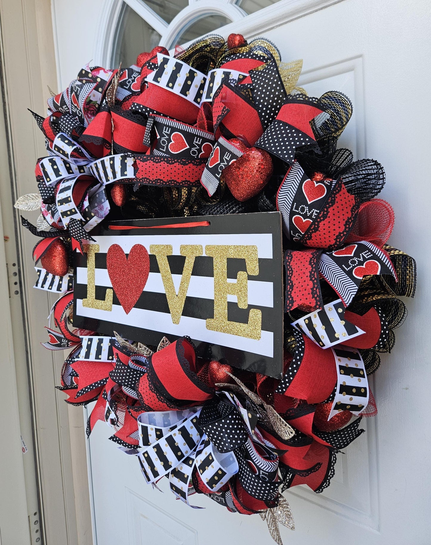 XL Valentine's Day Wreath, Love Wreath, Black, White, Red, and Gold