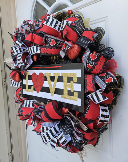 XL Valentine's Day Wreath, Love Wreath, Black, White, Red, and Gold
