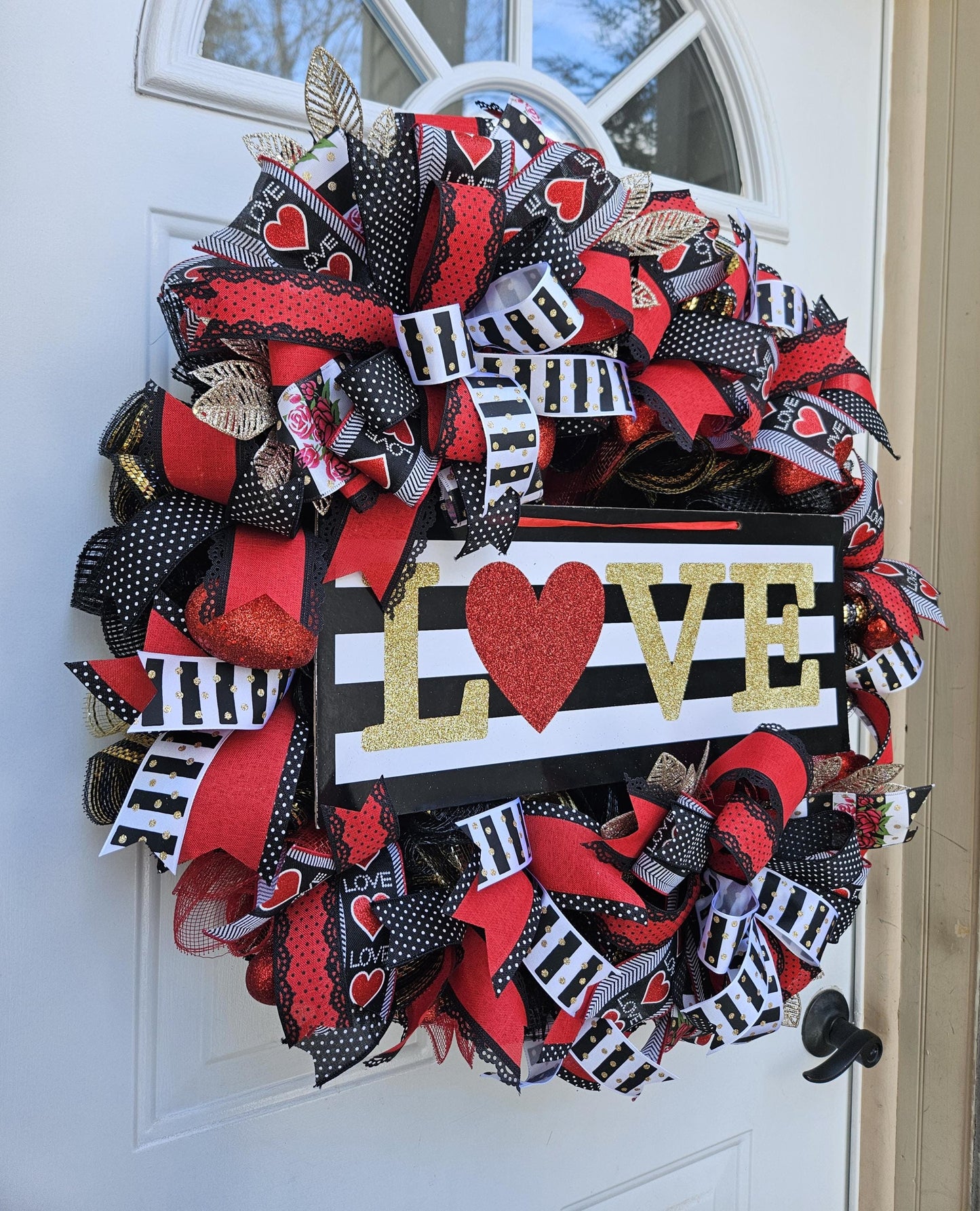 XL Valentine's Day Wreath, Love Wreath, Black, White, Red, and Gold