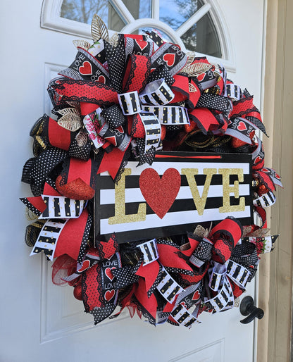 XL Valentine's Day Wreath, Love Wreath, Black, White, Red, and Gold