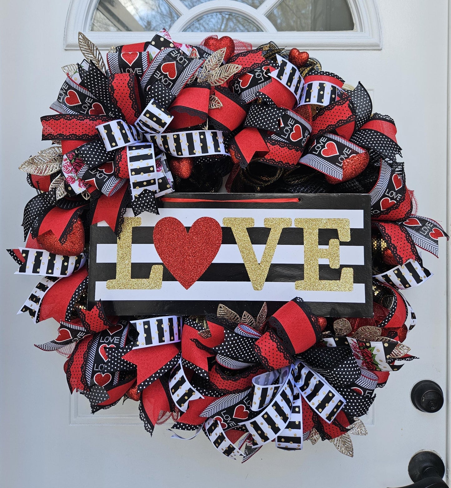 XL Valentine's Day Wreath, Love Wreath, Black, White, Red, and Gold