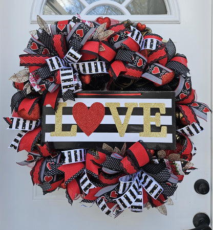 XL Valentine's Day Wreath, Love Wreath, Black, White, Red, and Gold