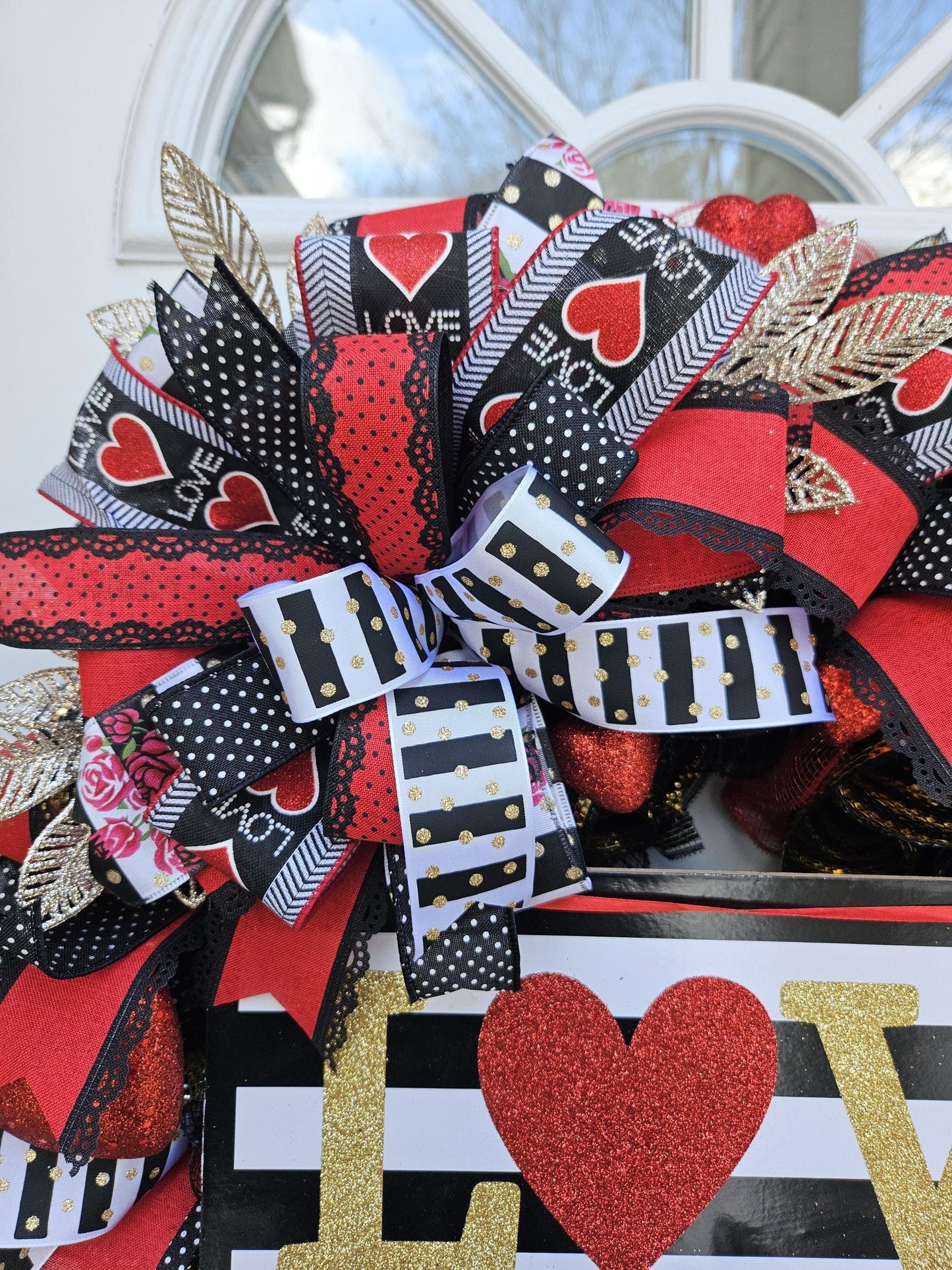 XL Valentine's Day Wreath, Love Wreath, Black, White, Red, and Gold