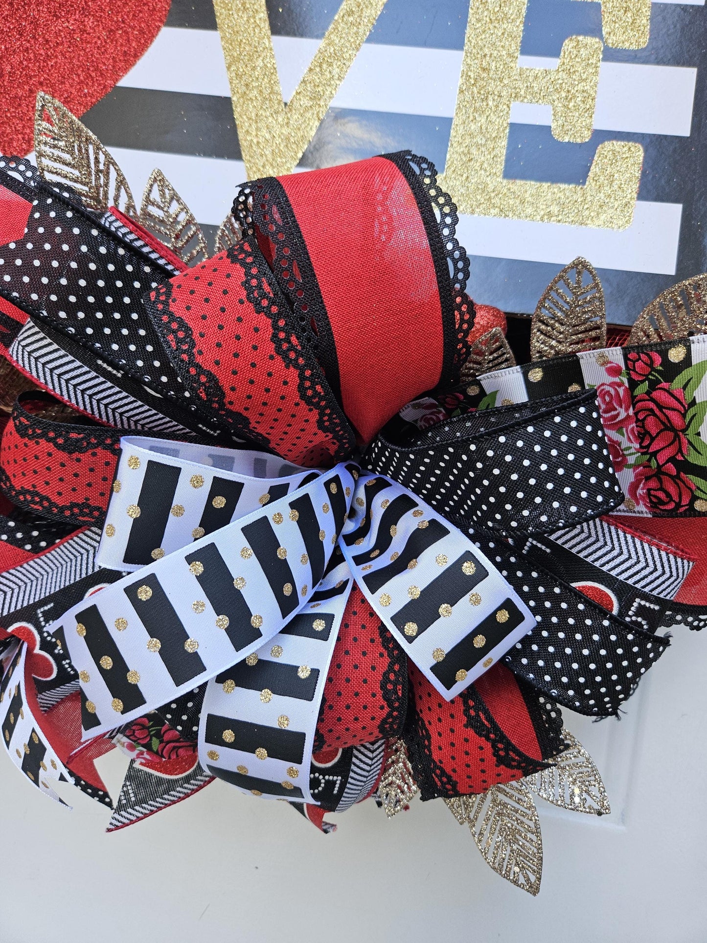 XL Valentine's Day Wreath, Love Wreath, Black, White, Red, and Gold