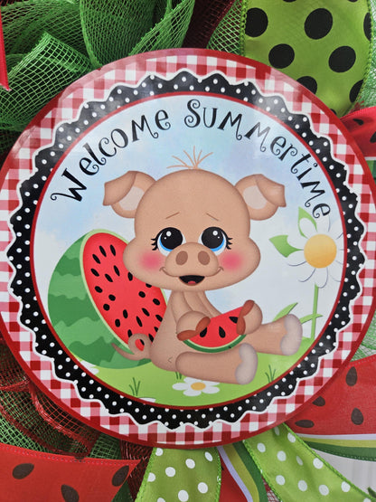 Welcome Summertime, Watermelon Wreath, Pig Wreath, Summer Wreath, Cute Wreath, Welcome Wreath, Welcome Summer Wreath