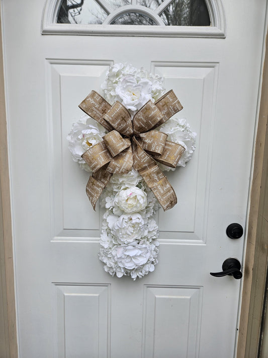 White Floral Cross Wreath, Religious Wreath, Easter Wreath, Spring Wreath