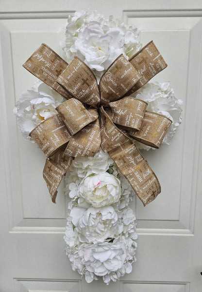 White Floral Cross Wreath, Religious Wreath, Easter Wreath, Spring Wreath