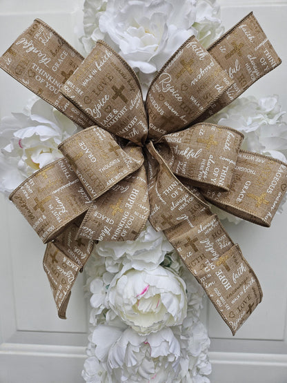 White Floral Cross Wreath, Religious Wreath, Easter Wreath, Spring Wreath