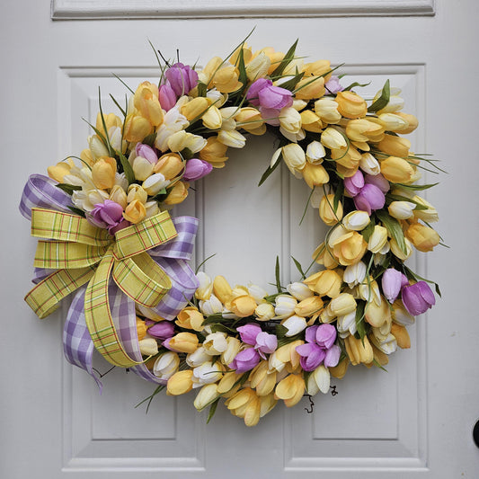 Yellow and Purple Tulip Wreath, Spring Wreath, Grapevine Wreath, Spring Floral Wreath