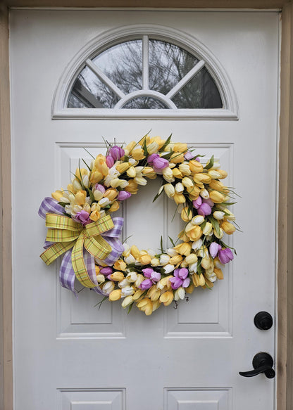 Yellow and Purple Tulip Wreath, Spring Wreath, Grapevine Wreath, Spring Floral Wreath